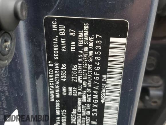 2015 Kia Optima LX with VIN 5XXGM4A76FG485337, listed as a Copart auction lot 86888315 with 154,732 mi miles and Clean title. Bid and sale history available at DreamBid. Image 12.