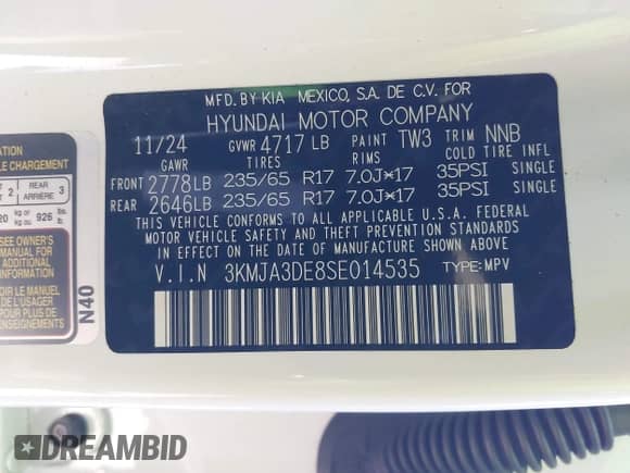 2025 Hyundai Tucson with VIN 3KMJA3DE8SE014535, listed as a IAAI auction lot 42529577 with Not provided miles and . Bid and sale history available at DreamBid. Image 9.