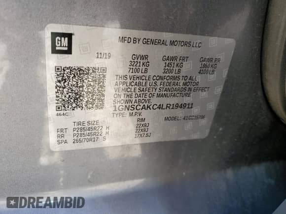 2020 Chevrolet Tahoe LS with VIN 1GNSCAKC4LR194911, listed as a Copart auction lot 83041644 with 118,716 mi miles and Salvage title. Bid and sale history available at DreamBid. Image 16.