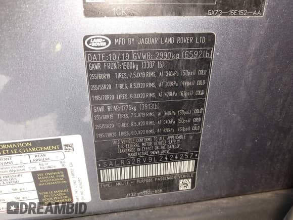 2020 Land Rover Discovery SE with VIN SALRG2RV9L2424257, listed as a IAAI auction lot 43537901 with Not provided miles and . Bid and sale history available at DreamBid. Image 9.