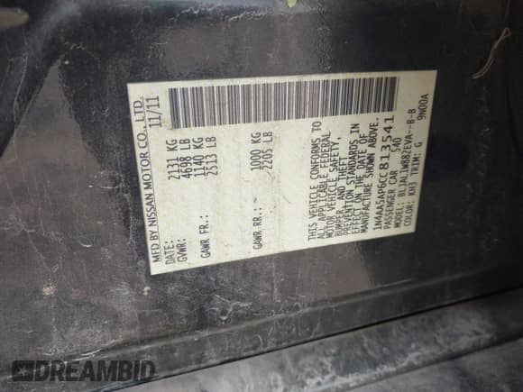 2012 Nissan Maxima SV z VIN 1N4AA5AP6CC813541, wystawiony jako IAAI lot #43135116 z przebiegiem Nie podano mil oraz . Historia ofert i sprzedaży dostępna na DreamBid. Obrazek 9.