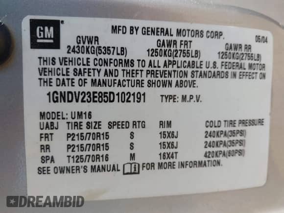 2005 Chevrolet Venture LS с VIN 1GNDV23E85D102191, выставлен на аукционе IAAI как лот 42561364 с пробегом 118 791 миль миль и . История ставок и продаж доступна на DreamBid. Изображение 9.