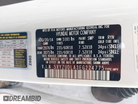 2014 Hyundai Santa Fe with VIN 5XYZUDLA3EG224775, listed as a IAAI auction lot 42606053 with 150,000 mi miles and . Bid and sale history available at DreamBid. Image 9.
