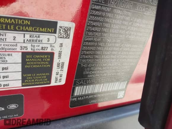 2022 Land Rover Range Rover Sport HSE Silver Edition with VIN SALWR2SU1NA210502, listed as a IAAI auction lot 43064831 with 48,298 mi miles and . Bid and sale history available at DreamBid. Image 9.