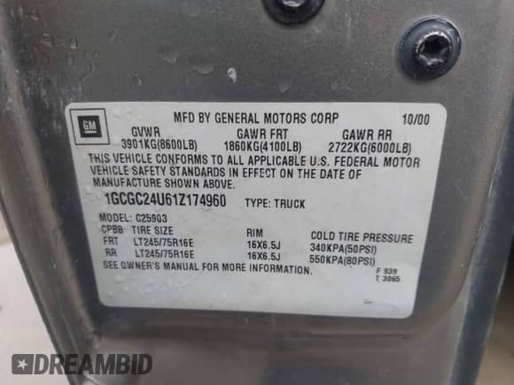 2001 Chevrolet Silverado 2500 with VIN 1GCGC24U61Z174960, listed as a IAAI auction lot 42469027 with 287,211 mi miles and . Bid and sale history available at DreamBid. Image 9.