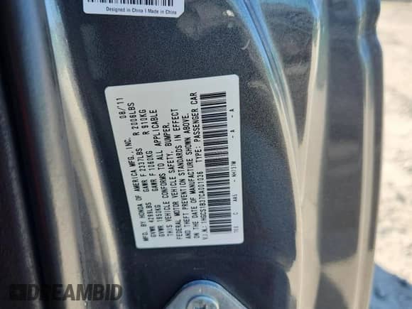 2012 Honda Accord LX-S with VIN 1HGCS1B37CA001036, listed as a Copart auction lot 84878635 with 216,596 mi miles and Clean title. Bid and sale history available at DreamBid. Image 12.