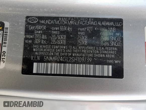 2025 Hyundai Santa Fe SEL с VIN 5NMP24GL2SH109739, выставлен на аукционе Copart как лот 84032935 с пробегом Не указан миль и Списание • Salvage title. История ставок и продаж доступна на DreamBid. Изображение 13.