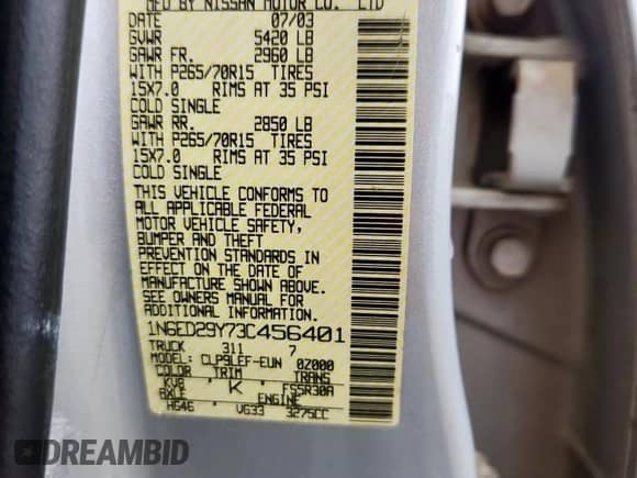 2003 Nissan Frontier XE with VIN 1N6ED29Y73C456401, listed as a Copart auction lot 69845955 with Not provided miles and Salvage title. Bid and sale history available at DreamBid. Image 12.