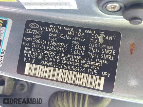 2008 Hyundai Veracruz GLS with VIN KM8NU13C68U058474, listed as a IAAI auction lot 42858637 with 177,810 mi miles and . Bid and sale history available at DreamBid. Image 9.