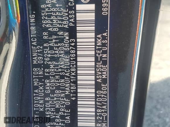 2012 Toyota Camry L z VIN 4T1BF1FK8CU168743, wystawiony jako Copart lot #69294105 z przebiegiem 131 199 mil mil oraz Szkoda całkowita • Salvage title. Historia ofert i sprzedaży dostępna na DreamBid. Obrazek 13.