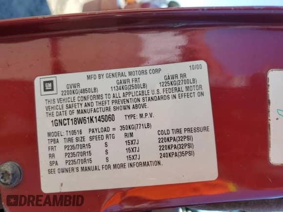 2001 Chevrolet Blazer LS с VIN 1GNCT18W61K145060, выставлен на аукционе Copart как лот 71013154 с пробегом 223 041 миль миль и Списание • Salvage title. История ставок и продаж доступна на DreamBid. Изображение 13.