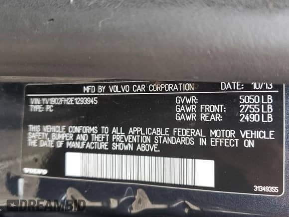 2014 Volvo S60 T6 with VIN YV1902FH2E1293945, listed as a Copart auction lot 65691625 with 54,519 mi miles and Clean title. Bid and sale history available at DreamBid. Image 12.