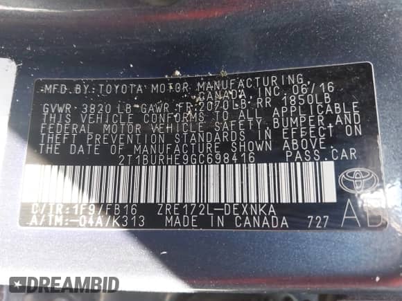 2016 Toyota Corolla L with VIN 2T1BURHE9GC698416, listed as a IAAI auction lot 42999512 with 90,322 mi miles and . Bid and sale history available at DreamBid. Image 9.