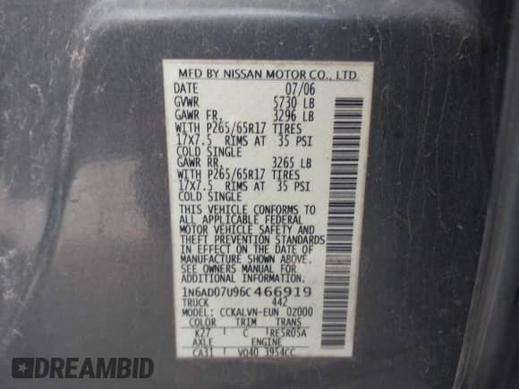 2006 Nissan Frontier LE with VIN 1N6AD07U96C466919, listed as a IAAI auction lot 41878303 with 170,333 mi miles and . Bid and sale history available at DreamBid. Image 9.