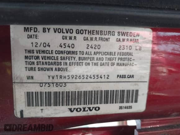 2005 Volvo S60 с VIN YV1RH592652455412, выставлен на аукционе IAAI как лот 42460357 с пробегом 260 051 миль миль и . История ставок и продаж доступна на DreamBid. Изображение 9.