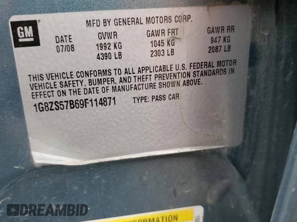 2009 Saturn Aura XE with VIN 1G8ZS57B69F114871, listed as a Copart auction lot 81763035 with 107,658 mi miles and Salvage title. Bid and sale history available at DreamBid. Image 12.