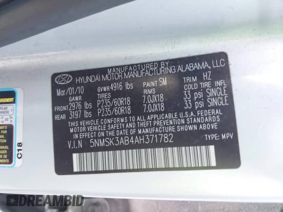 2010 Hyundai Santa Fe Limited with VIN 5NMSK3AB4AH371782, listed as a IAAI auction lot 42786087 with 131,183 mi miles and . Bid and sale history available at DreamBid. Image 9.