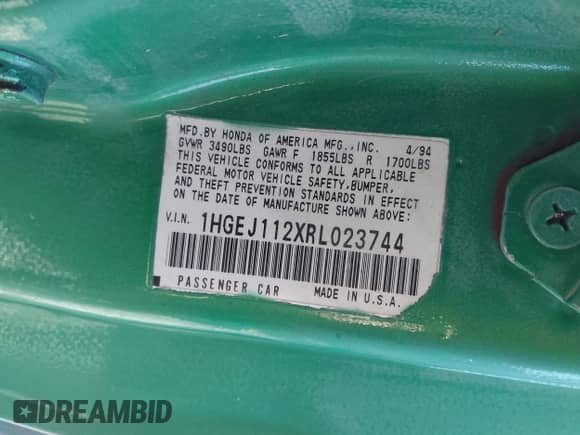 1994 Honda Civic with VIN 1HGEJ112XRL023744, listed as a IAAI auction lot 42956800 with Not provided miles and . Bid and sale history available at DreamBid. Image 9.