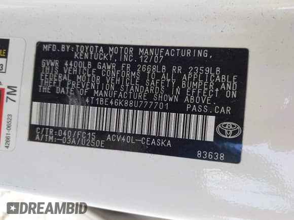 2008 Toyota Camry LE with VIN 4T1BE46K88U777701, listed as a IAAI auction lot 43165021 with 263,932 mi miles and . Bid and sale history available at DreamBid. Image 9.