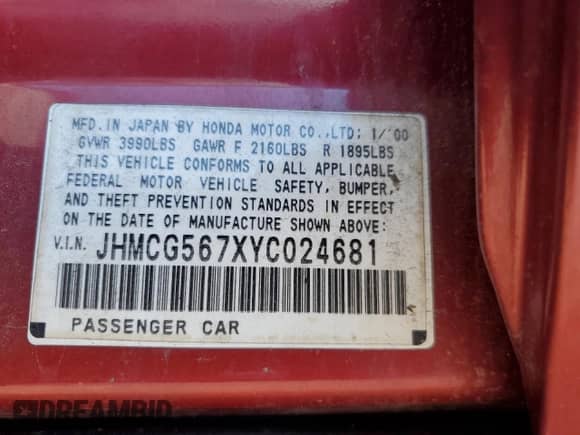 2000 Honda Accord SE with VIN JHMCG567XYC024681, listed as a Copart auction lot 70305475 with 204,700 mi miles and Salvage title. Bid and sale history available at DreamBid. Image 12.