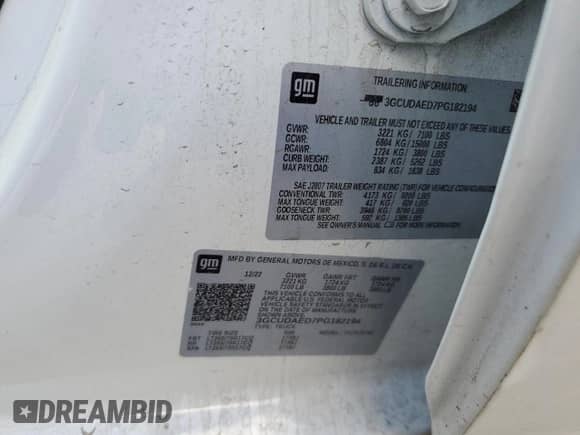 2023 Chevrolet Silverado 1500 Work Truck with VIN 3GCUDAED7PG182194, listed as a Copart auction lot 71833994 with Not provided miles and Salvage title. Bid and sale history available at DreamBid. Image 12.