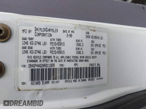 1999 Dodge Caravan SE with VIN 2B4GP44G2XR311838, listed as a IAAI auction lot 43529451 with 143,471 mi miles and . Bid and sale history available at DreamBid. Image 9.