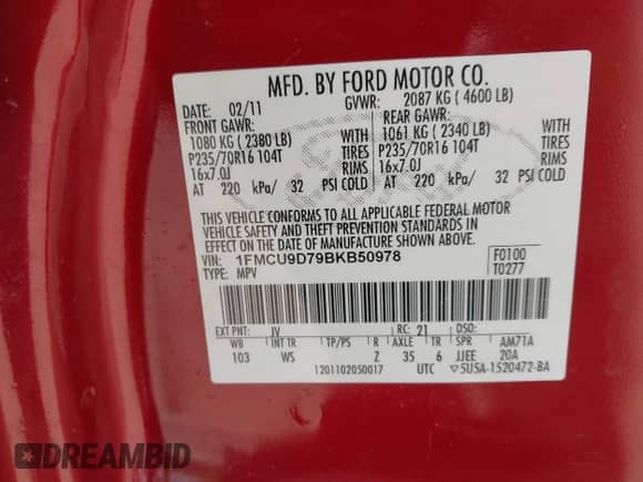 2011 Ford Escape XLT с VIN 1FMCU9D79BKB50978, выставлен на аукционе IAAI как лот 42065969 с пробегом 156 619 миль миль и . История ставок и продаж доступна на DreamBid. Изображение 9.