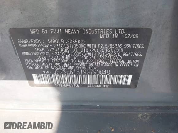 2009 Subaru Forester X z VIN JF2SH61619G790048, wystawiony jako IAAI lot #42443035 z przebiegiem 144 967 mil mil oraz . Historia ofert i sprzedaży dostępna na DreamBid. Obrazek 9.