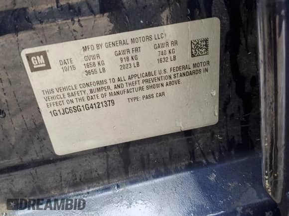 2016 Chevrolet Sonic LT с VIN 1G1JC6SG1G4121379, выставлен на аукционе Copart как лот 80841695 с пробегом 105 463 миль миль и Списание • Salvage title. История ставок и продаж доступна на DreamBid. Изображение 12.