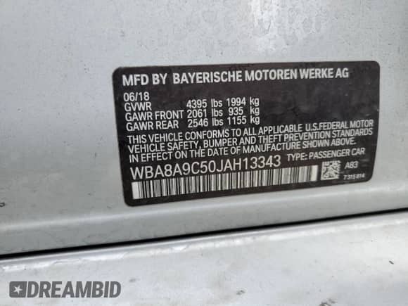 2018 BMW 3 Series 320i with VIN WBA8A9C50JAH13343, listed as a Copart auction lot 70562555 with 110,990 mi miles and Salvage title. Bid and sale history available at DreamBid. Image 12.