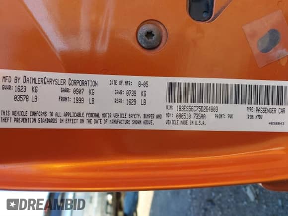 2005 Dodge Neon SXT z VIN 1B3ES56C75D264803, wystawiony jako IAAI lot #41688260 z przebiegiem 104 336 mil mil oraz . Historia ofert i sprzedaży dostępna na DreamBid. Obrazek 9.