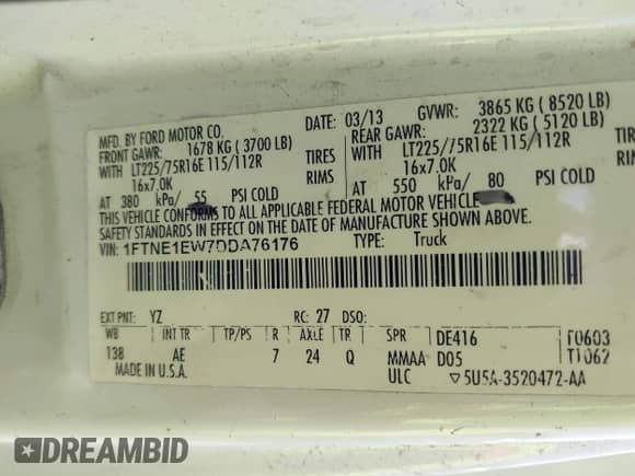 2013 Ford Econoline Cargo Commercial with VIN 1FTNE1EW7DDA76176, listed as a IAAI auction lot 42477521 with 175,000 mi miles and . Bid and sale history available at DreamBid. Image 9.