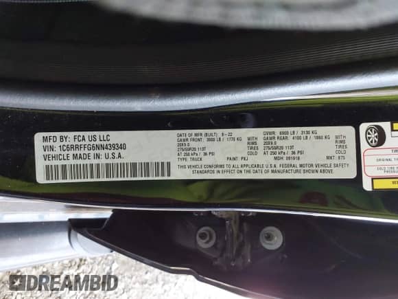 2022 Ram 1500 Big Horn z VIN 1C6RRFFG6NN439340, wystawiony jako IAAI lot #42204188 z przebiegiem 29 870 mil mil oraz . Historia ofert i sprzedaży dostępna na DreamBid. Obrazek 9.