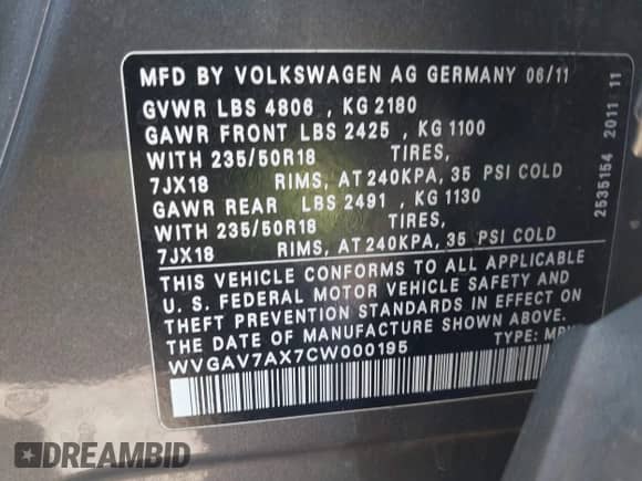 2012 Volkswagen Tiguan S с VIN WVGAV7AX7CW000195, выставлен на аукционе IAAI как лот 42701452 с пробегом 206 992 миль миль и . История ставок и продаж доступна на DreamBid. Изображение 9.