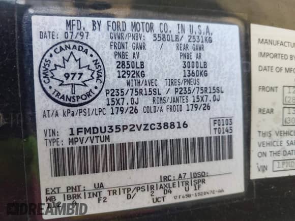 1997 Ford Explorer XLT с VIN 1FMDU35P2VZC38816, выставлен на аукционе IAAI как лот 42599570 с пробегом 190 282 миль миль и . История ставок и продаж доступна на DreamBid. Изображение 9.