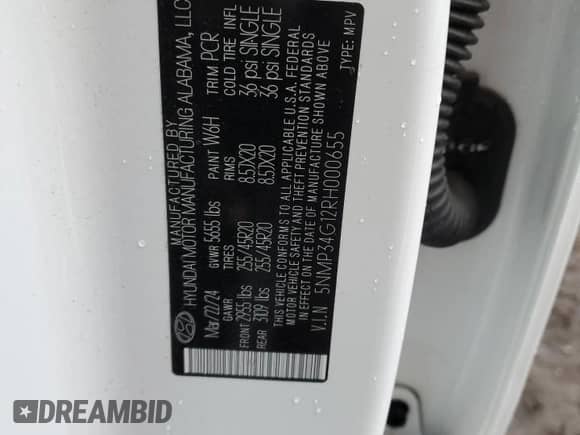 2024 Hyundai Santa Fe Limited with VIN 5NMP34G12RH000655, listed as a Copart auction lot 47475455 with 11,763 mi miles and Salvage title. Bid and sale history available at DreamBid. Image 12.