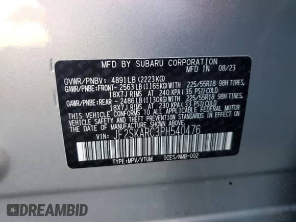 2023 Subaru Forester Touring z VIN JF2SKARC3PH540476, wystawiony jako Copart lot #80059725 z przebiegiem 6 957 mil mil oraz Szkoda całkowita • Salvage title. Historia ofert i sprzedaży dostępna na DreamBid. Obrazek 14.