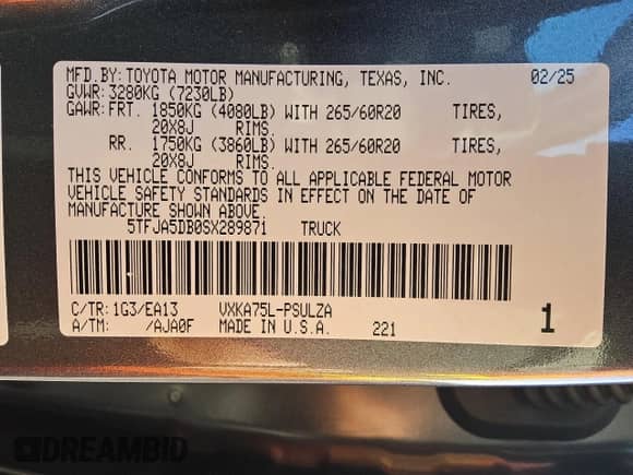 2025 Toyota Tundra Limited with VIN 5TFJA5DB0SX289871, listed as a Copart auction lot 85568325 with 13,440 mi miles and Clean title. Bid and sale history available at DreamBid. Image 12.