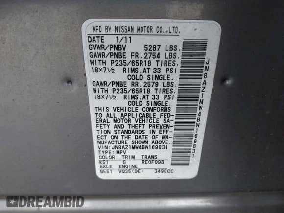 2011 Nissan Murano SV with VIN JN8AZ1MW4BW169831, listed as a IAAI auction lot 41583437 with 134,117 mi miles and . Bid and sale history available at DreamBid. Image 9.