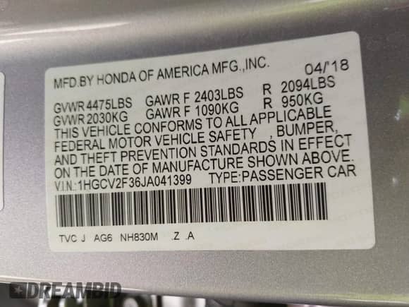 2018 Honda Accord Sport with VIN 1HGCV2F36JA041399, listed as a IAAI auction lot 43291158 with 84,807 mi miles and . Bid and sale history available at DreamBid. Image 9.
