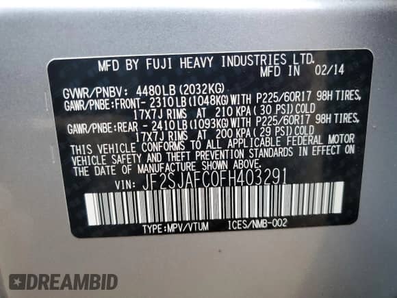 2015 Subaru Forester Premium с VIN JF2SJAFC0FH403291, выставлен на аукционе Copart как лот 70573625 с пробегом 94 291 миль миль и Списание • Salvage title. История ставок и продаж доступна на DreamBid. Изображение 13.