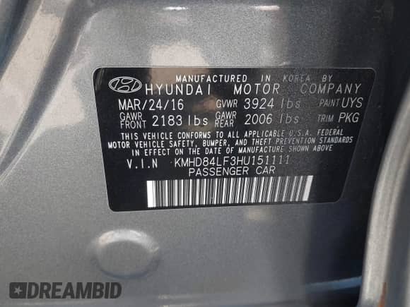 2017 Hyundai Elantra SE with VIN KMHD84LF3HU151111, listed as a IAAI auction lot 43361190 with 262,057 mi miles and . Bid and sale history available at DreamBid. Image 9.