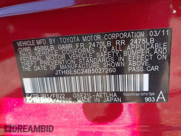 2011 Lexus IS 350 with VIN JTHBE5C24B5027260, listed as a IAAI auction lot 43476731 with 148,637 mi miles and . Bid and sale history available at DreamBid. Image 9.