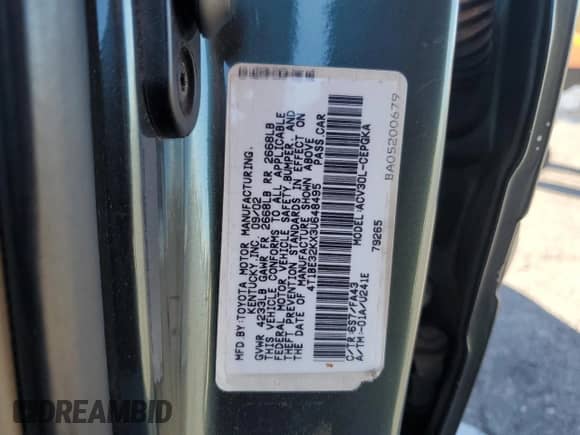 2003 Toyota Camry LE with VIN 4T1BE32KX3U648495, listed as a Copart auction lot 85372485 with 233,511 mi miles and Clean title. Bid and sale history available at DreamBid. Image 12.