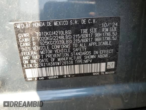 2025 Honda HR-V LX с VIN 3CZRZ1H38SM726538, выставлен на аукционе Copart как лот 56366555 с пробегом 12 045 миль миль и Списание • Salvage title. История ставок и продаж доступна на DreamBid. Изображение 12.