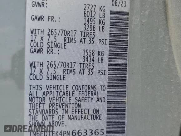 2023 Nissan Frontier SV with VIN 1N6ED1EK4PN663365, listed as a Copart auction lot 70290965 with 63,644 mi miles and Salvage title. Bid and sale history available at DreamBid. Image 12.