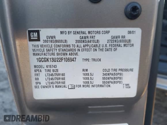 2002 Chevrolet Silverado 1500HD LT с VIN 1GCGK13U22F106947, выставлен на аукционе IAAI как лот 41355023 с пробегом 99 073 миль миль и . История ставок и продаж доступна на DreamBid. Изображение 9.