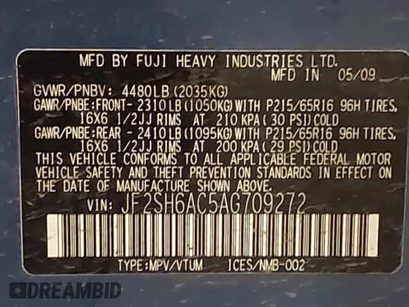 2010 Subaru Forester X z VIN JF2SH6AC5AG709272, wystawiony jako IAAI lot #43066659 z przebiegiem 148 257 mil mil oraz . Historia ofert i sprzedaży dostępna na DreamBid. Obrazek 9.