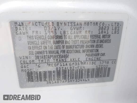 2017 Nissan Sentra SR with VIN 3N1AB7AP5HY304464, listed as a IAAI auction lot 43406626 with 31,774 mi miles and . Bid and sale history available at DreamBid. Image 9.