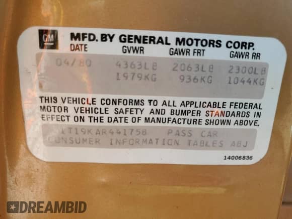 1980 Chevrolet Malibu с VIN 1T19KAR441758, выставлен на аукционе Copart как лот 43595485 с пробегом 81 387 миль миль и Списание • Salvage title. История ставок и продаж доступна на DreamBid. Изображение 12.